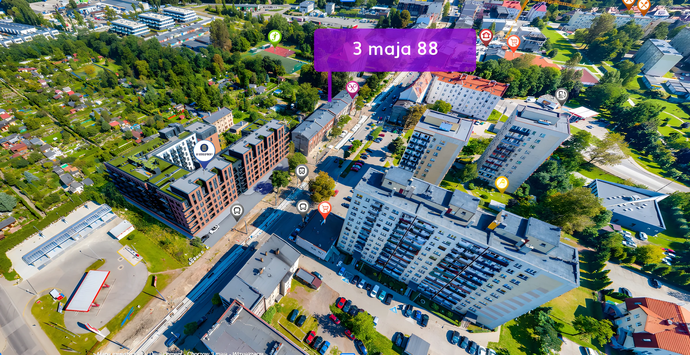 Zdjęcie lotnicze okolicy ul. 3 Maja 88 w Chorzowie z oznaczeniem budynku